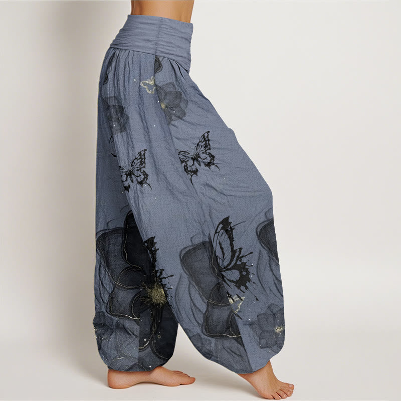 Pantalon sarouel en pur coton avec motif de fleurs et de papillons pour femme, taille élastique, motif Buddha Stones