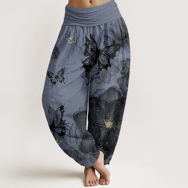 Pantalon sarouel en pur coton avec motif de fleurs et de papillons pour femme, taille élastique, motif Buddha Stones