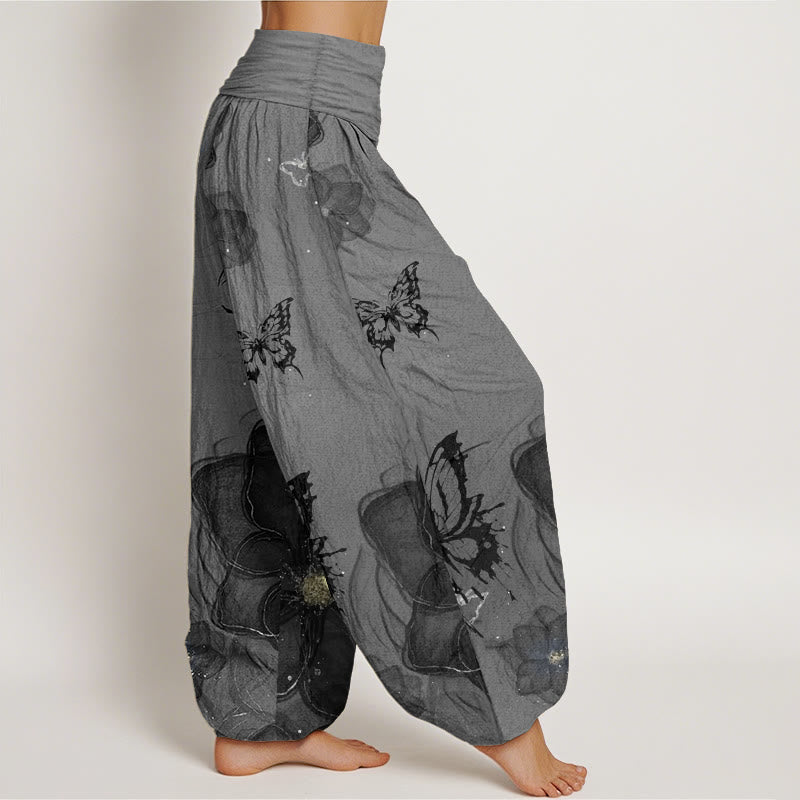Pantalon sarouel en pur coton avec motif de fleurs et de papillons pour femme, taille élastique, motif Buddha Stones