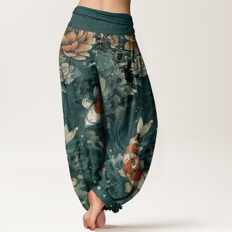 Pantalon Buddha Stones à taille élastique pour femme, en pur coton, motif poisson koï coloré et fleurs de lotus - image 1