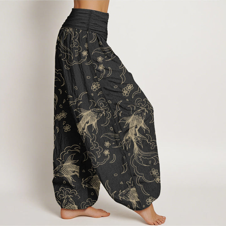 Pantalon Buddha Stones décontracté en pur coton avec motif de vagues et de pétales de poissons koï pour femme, taille élastique