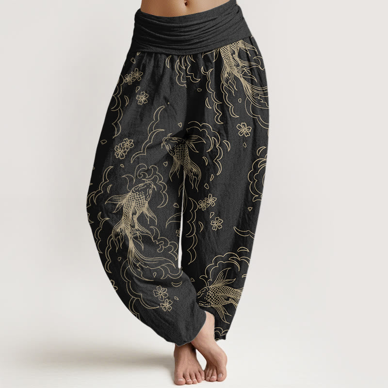 Pantalon Buddha Stones décontracté en pur coton avec motif de vagues et de pétales de poissons koï pour femme, taille élastique - Noir - US22，UK/AU26，EU54 (6XL) - image 0