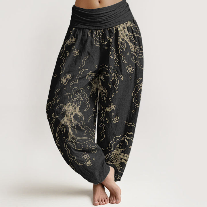Pantalon Buddha Stones décontracté en pur coton avec motif de vagues et de pétales de poissons koï pour femme, taille élastique - Noir - US22，UK/AU26，EU54 (6XL) - image 0