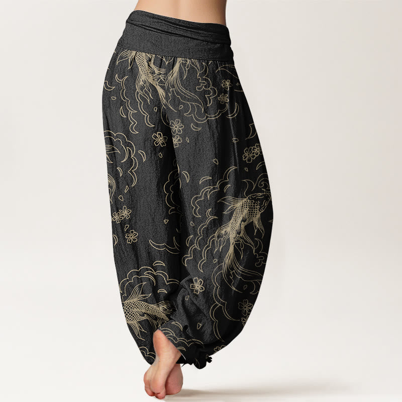 Pantalon Buddha Stones décontracté en pur coton avec motif de vagues et de pétales de poissons koï pour femme, taille élastique