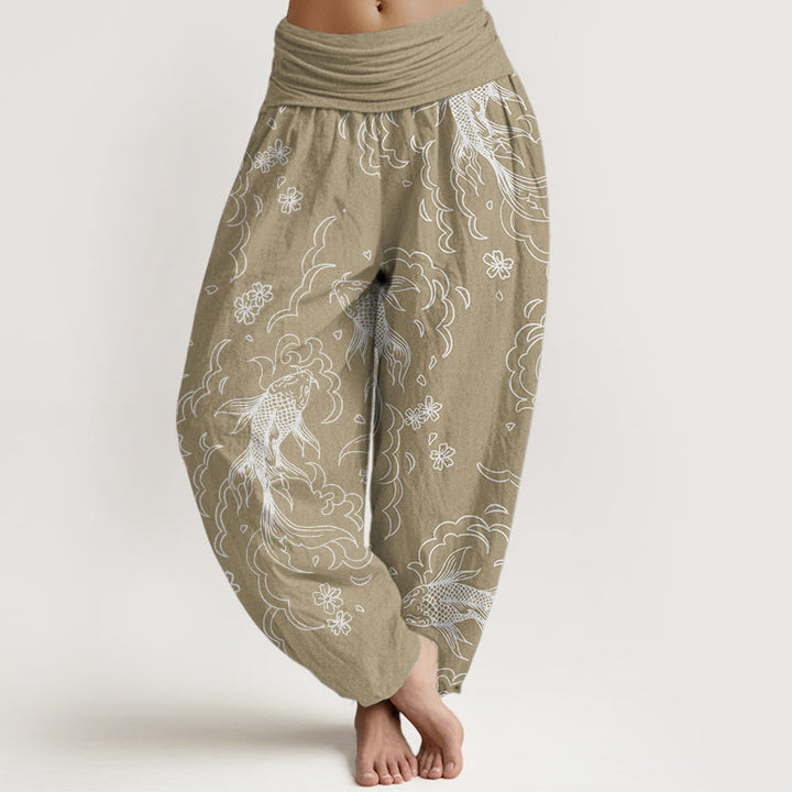 Pantalon Buddha Stones décontracté en pur coton avec motif de vagues et de pétales de poissons koï pour femme, taille élastique
