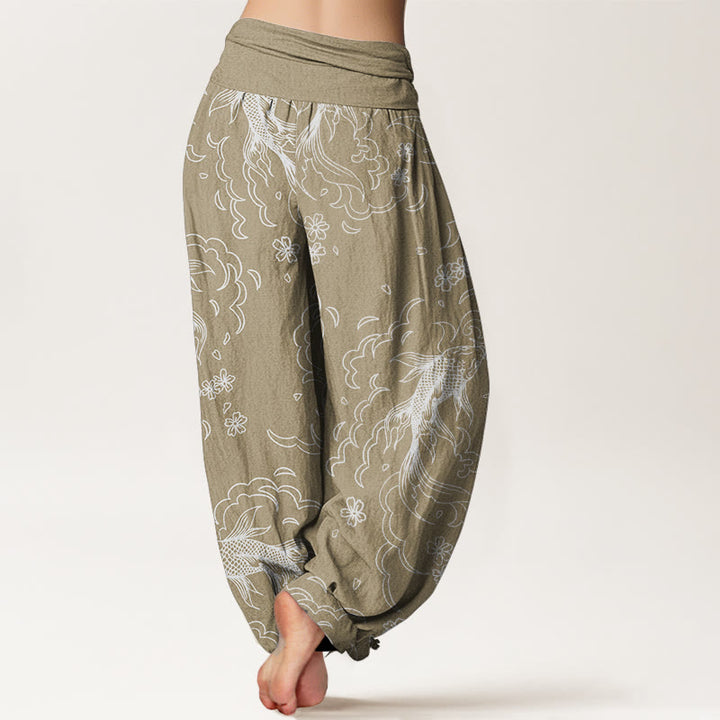 Pantalon Buddha Stones décontracté en pur coton avec motif de vagues et de pétales de poissons koï pour femme, taille élastique
