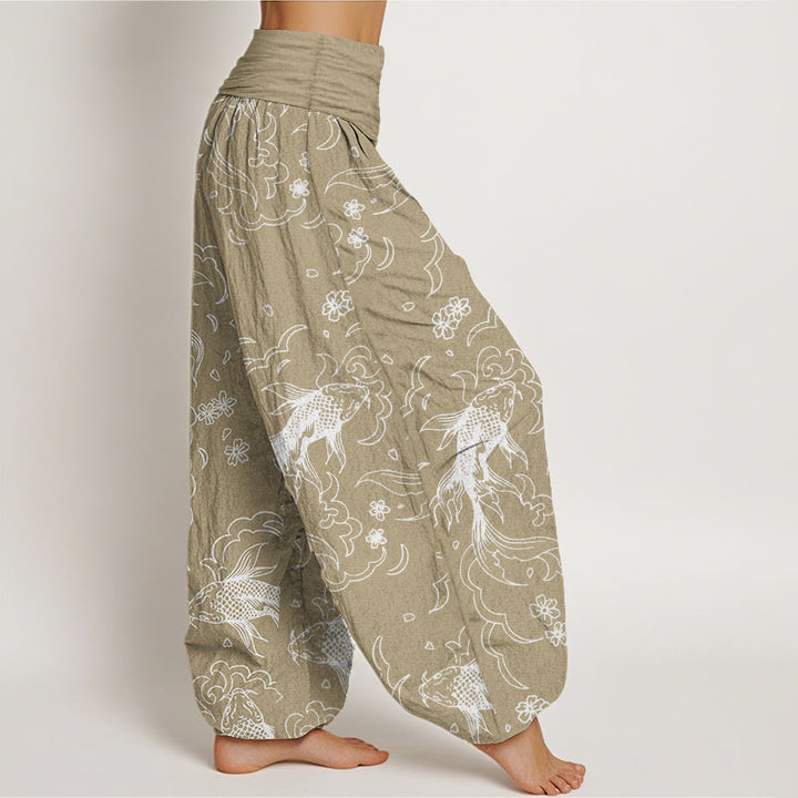 Pantalon Buddha Stones décontracté en pur coton avec motif de vagues et de pétales de poissons koï pour femme, taille élastique