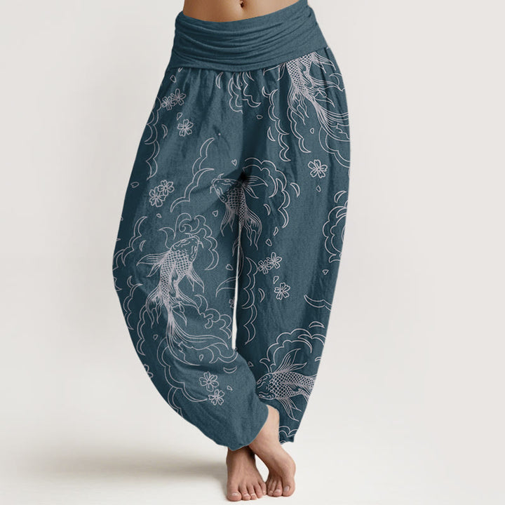 Pantalon Buddha Stones décontracté en pur coton avec motif de vagues et de pétales de poissons koï pour femme, taille élastique