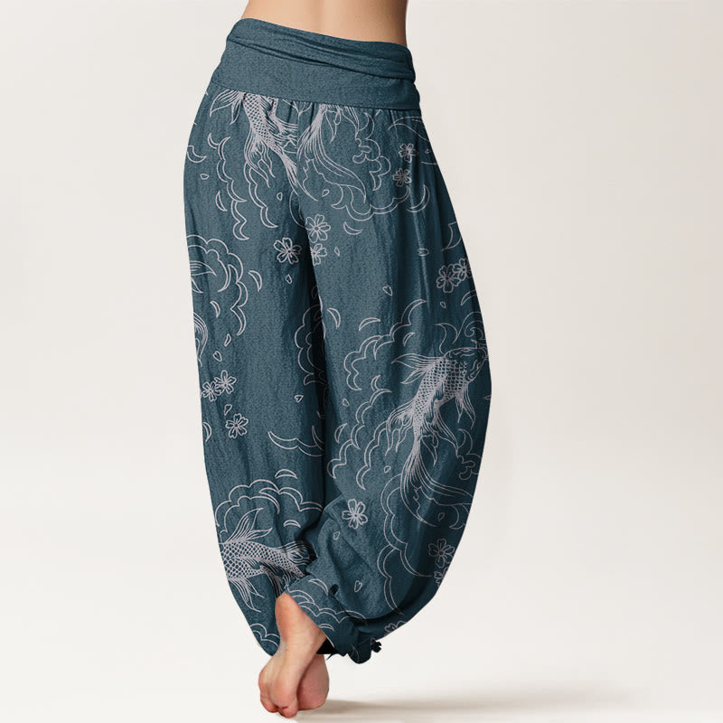 Pantalon Buddha Stones décontracté en pur coton avec motif de vagues et de pétales de poissons koï pour femme, taille élastique - image 9