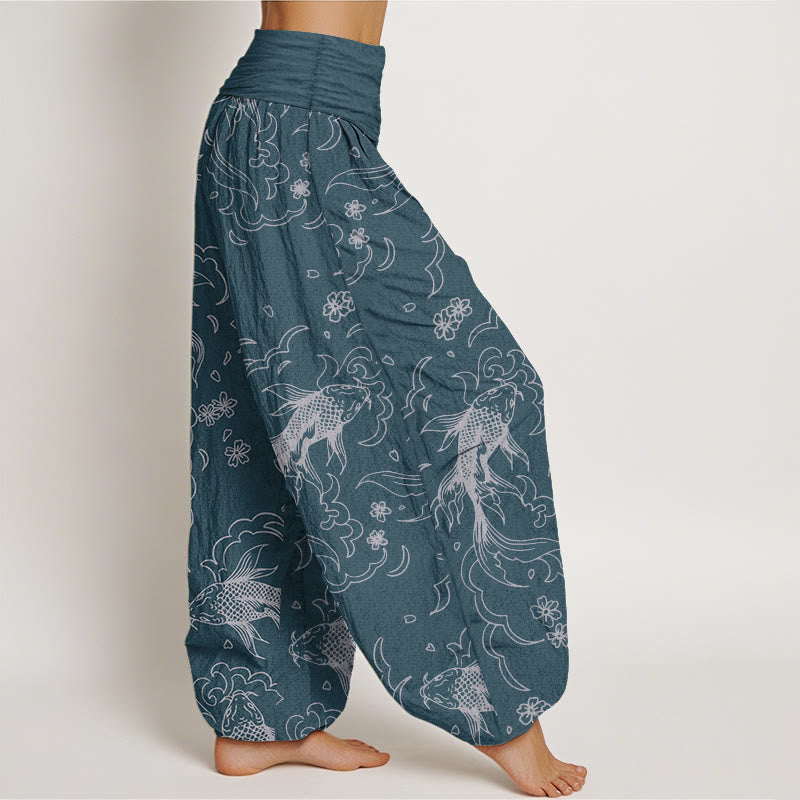 Pantalon Buddha Stones décontracté en pur coton avec motif de vagues et de pétales de poissons koï pour femme, taille élastique