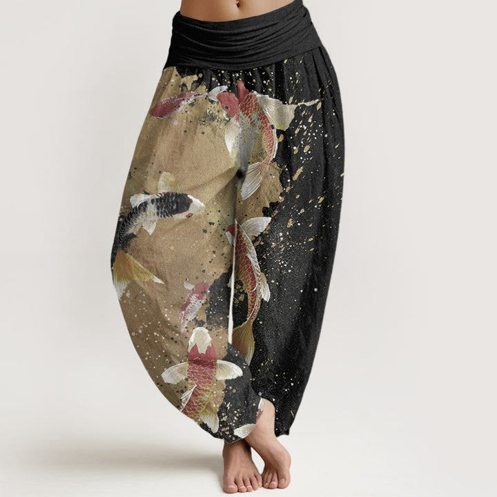 Pantalon Buddha Stones décontracté en pur coton avec motif de poisson koï doré et taille élastique pour femme