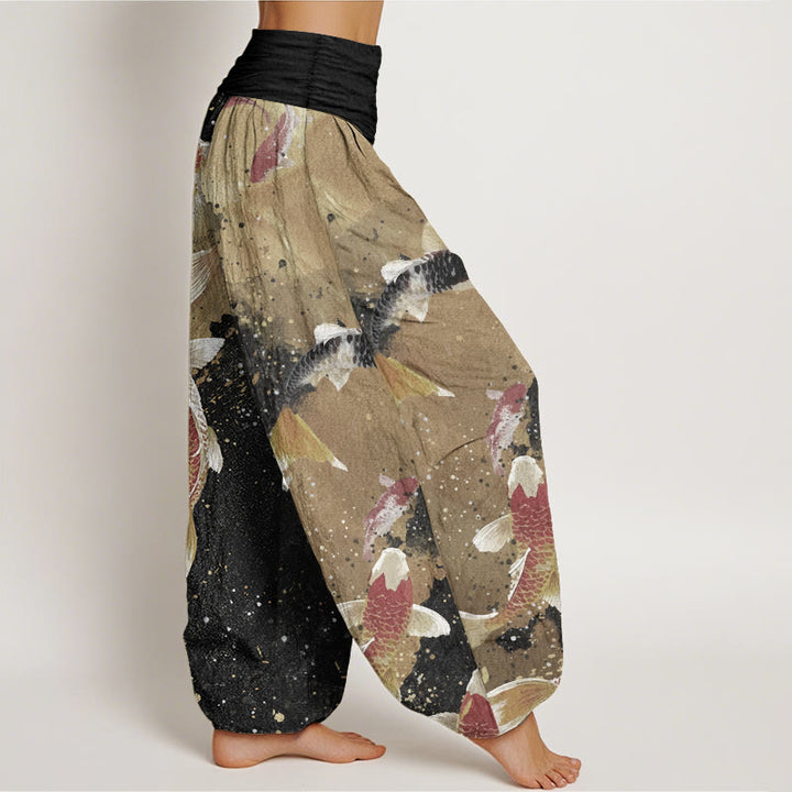 Pantalon Buddha Stones décontracté en pur coton avec motif de poisson koï doré et taille élastique pour femme