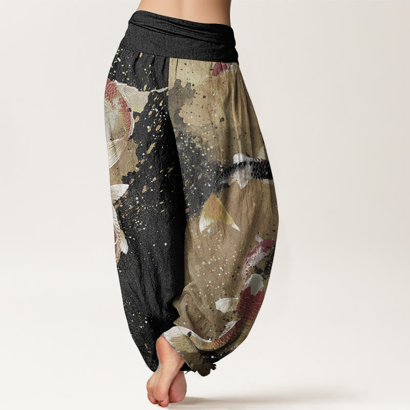 Pantalon Buddha Stones décontracté en pur coton avec motif de poisson koï doré et taille élastique pour femme