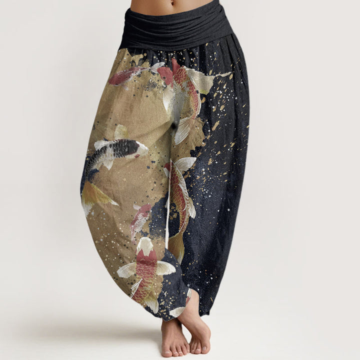 Pantalon Buddha Stones décontracté en pur coton avec motif de poisson koï doré et taille élastique pour femme