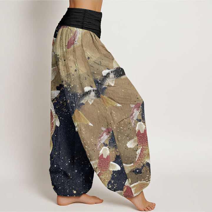 Pantalon Buddha Stones décontracté en pur coton avec motif de poisson koï doré et taille élastique pour femme