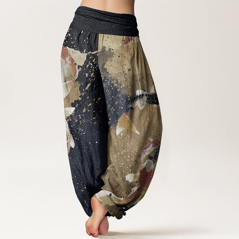 Pantalon Buddha Stones décontracté en pur coton avec motif de poisson koï doré et taille élastique pour femme