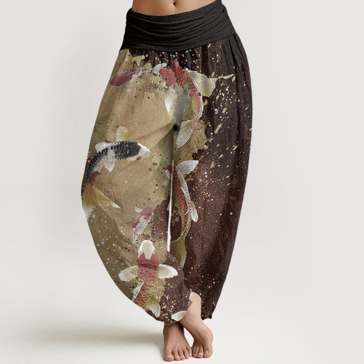 Pantalon Buddha Stones décontracté en pur coton avec motif de poisson koï doré et taille élastique pour femme