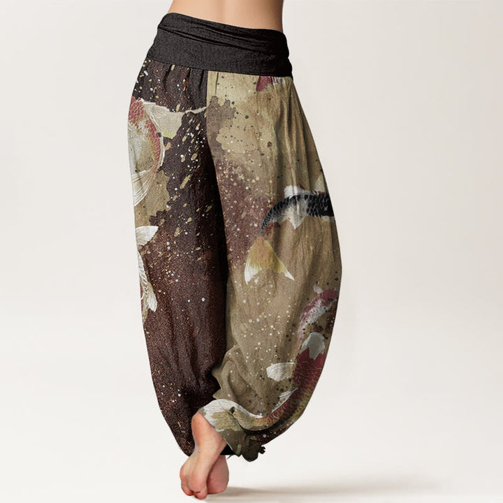 Pantalon Buddha Stones décontracté en pur coton avec motif de poisson koï doré et taille élastique pour femme