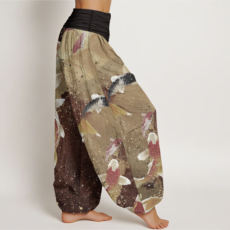 Pantalon Buddha Stones décontracté en pur coton avec motif de poisson koï doré et taille élastique pour femme