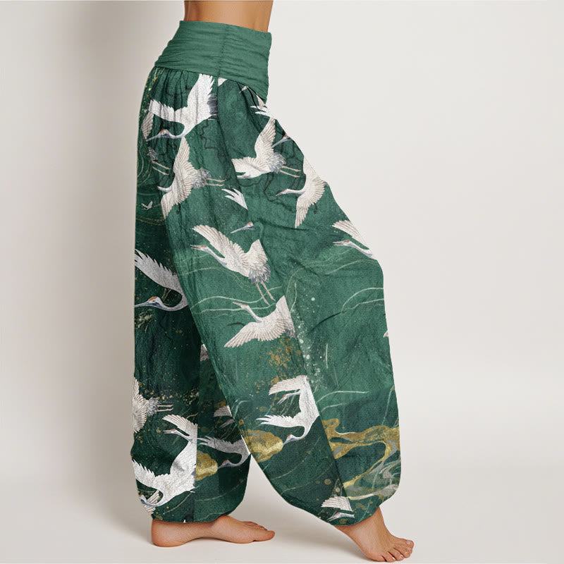 Pantalon Buddha Stones blanches volantes en pur coton, motif nuages de bon augure