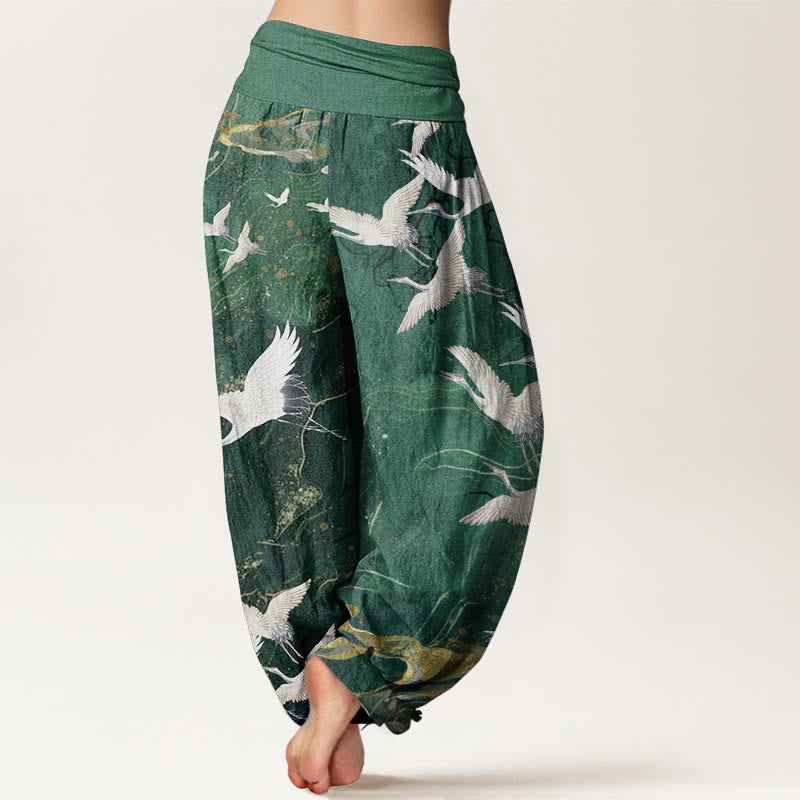 Pantalon Buddha Stones blanches volantes en pur coton, motif nuages ​​de bon augure - image 1