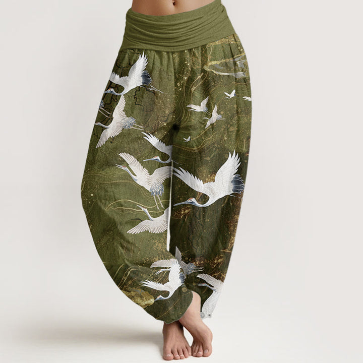Pantalon Buddha Stones blanches volantes en pur coton, motif nuages de bon augure
