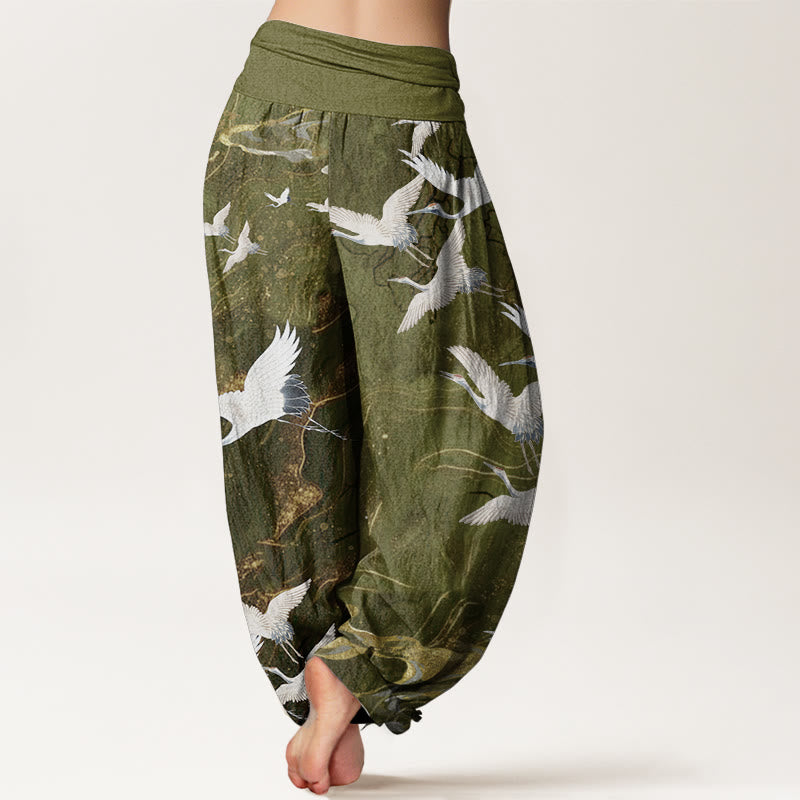 Pantalon Buddha Stones blanches volantes en pur coton, motif nuages de bon augure