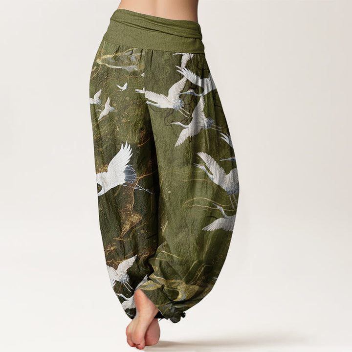 Pantalon Buddha Stones blanches volantes en pur coton, motif nuages de bon augure