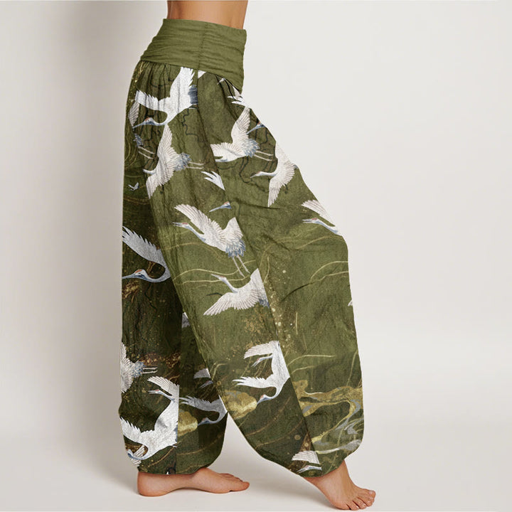 Pantalon Buddha Stones blanches volantes en pur coton, motif nuages de bon augure