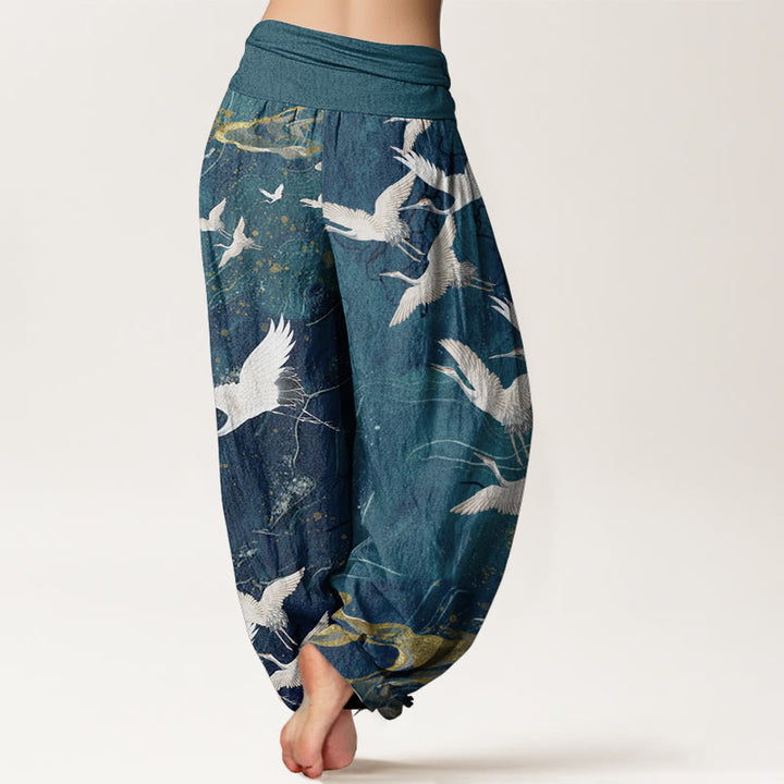 Pantalon Buddha Stones blanches volantes en pur coton, motif nuages de bon augure