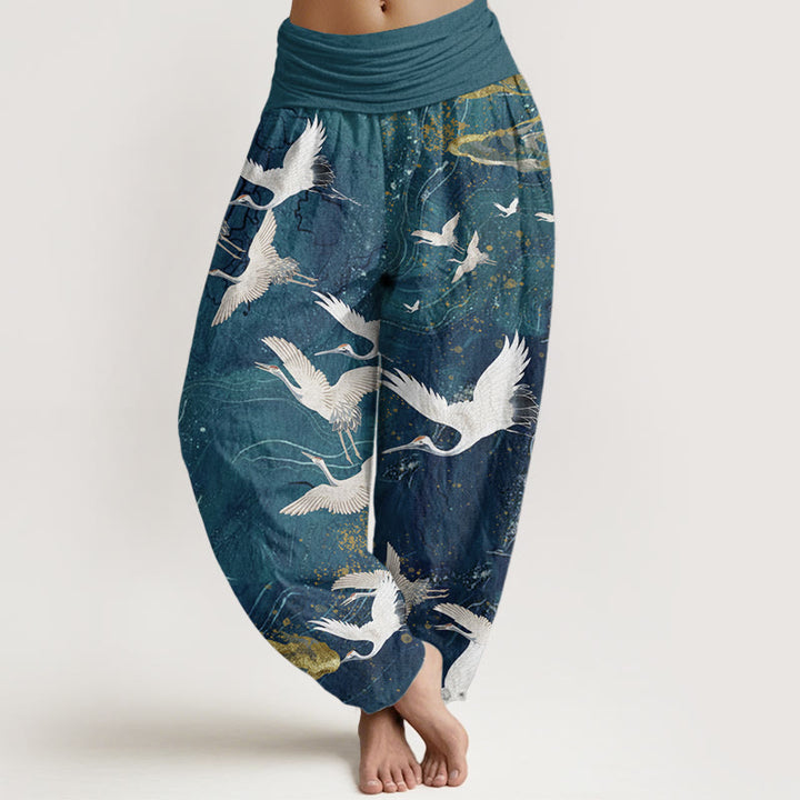 Pantalon Buddha Stones blanches volantes en pur coton, motif nuages de bon augure