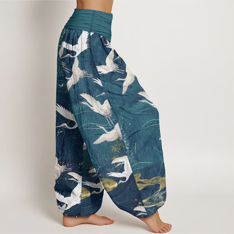 Pantalon Buddha Stones blanches volantes en pur coton, motif nuages de bon augure