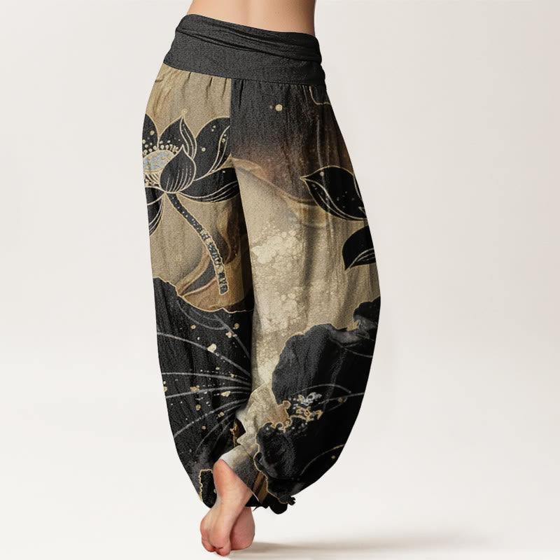 Pantalon Buddha Stones décontracté en pur coton avec motif pétales de lotus et taille élastique pour femme