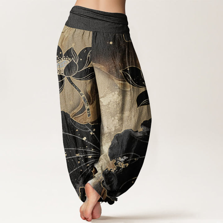 Pantalon Buddha Stones décontracté en pur coton avec motif pétales de lotus et taille élastique pour femme