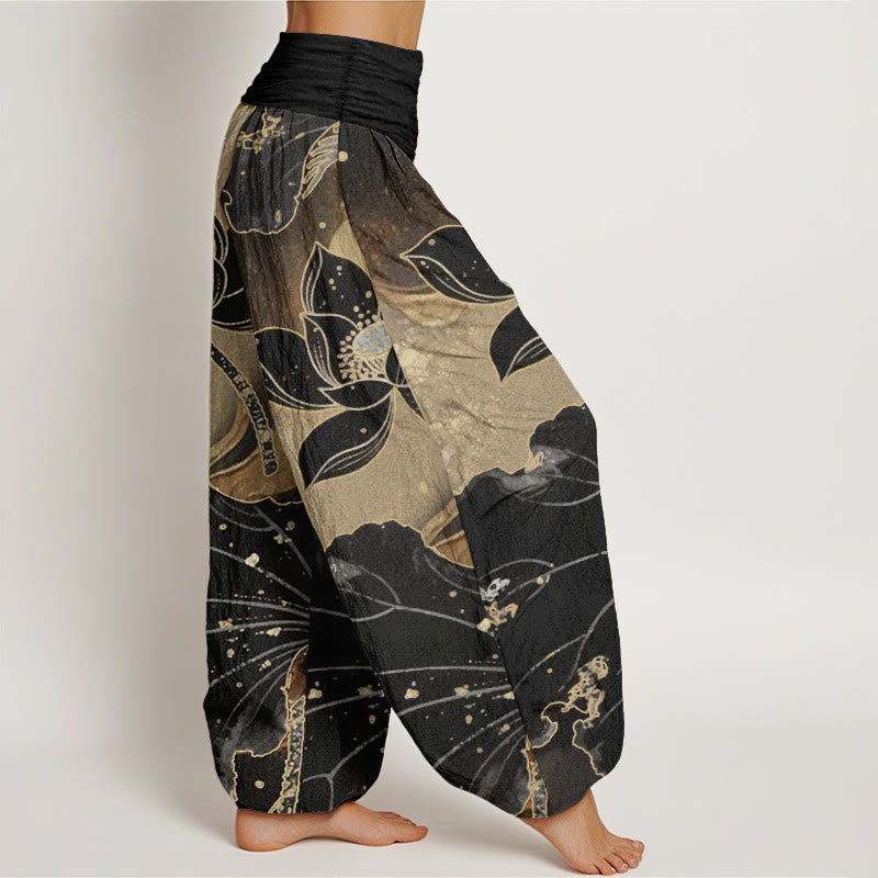 Pantalon Buddha Stones décontracté en pur coton avec motif pétales de lotus et taille élastique pour femme