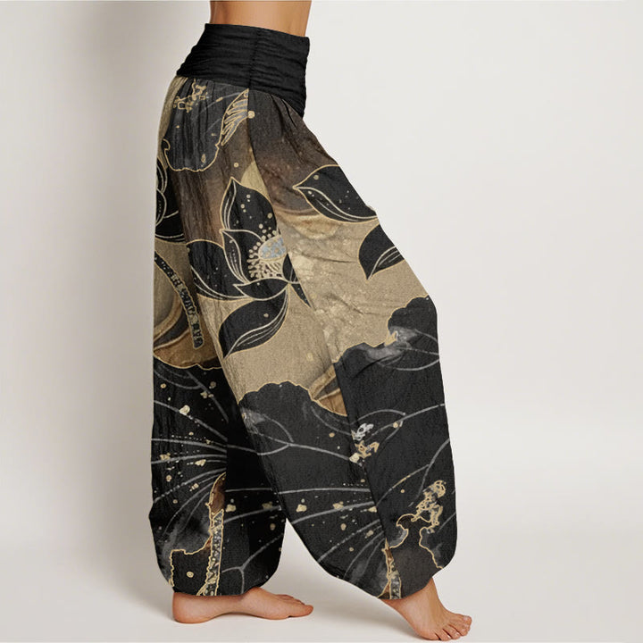 Pantalon Buddha Stones décontracté en pur coton avec motif pétales de lotus et taille élastique pour femme