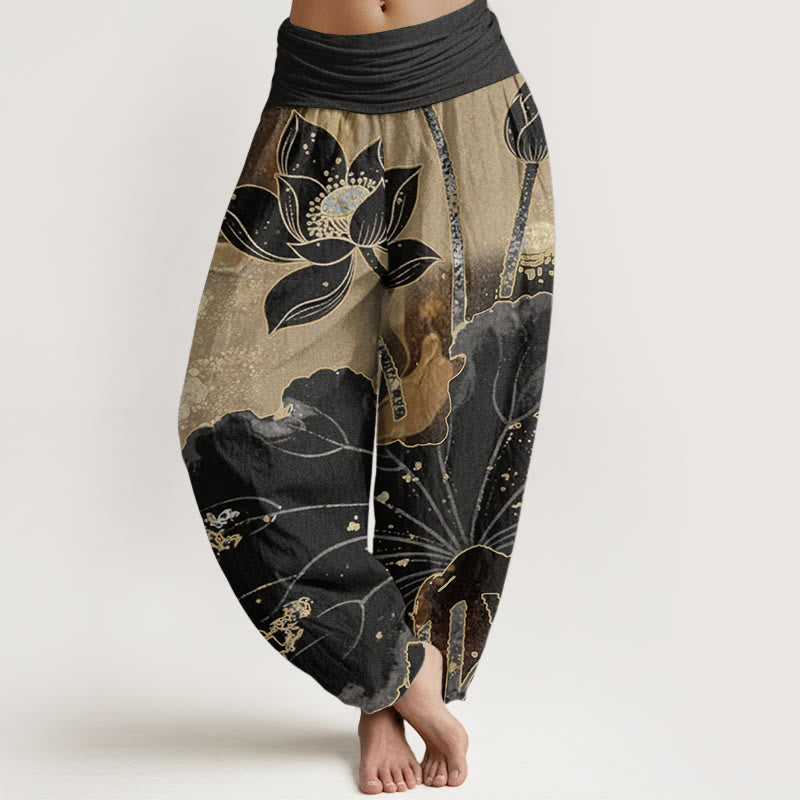 Pantalon Buddha Stones décontracté en pur coton avec motif pétales de lotus et taille élastique pour femme - Noir - US22，UK/AU26，EU54 (6XL) - image 0