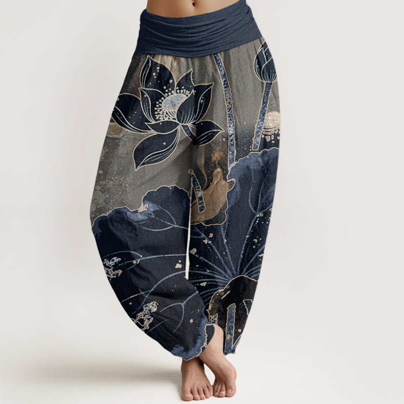 Pantalon Buddha Stones décontracté en pur coton avec motif pétales de lotus et taille élastique pour femme
