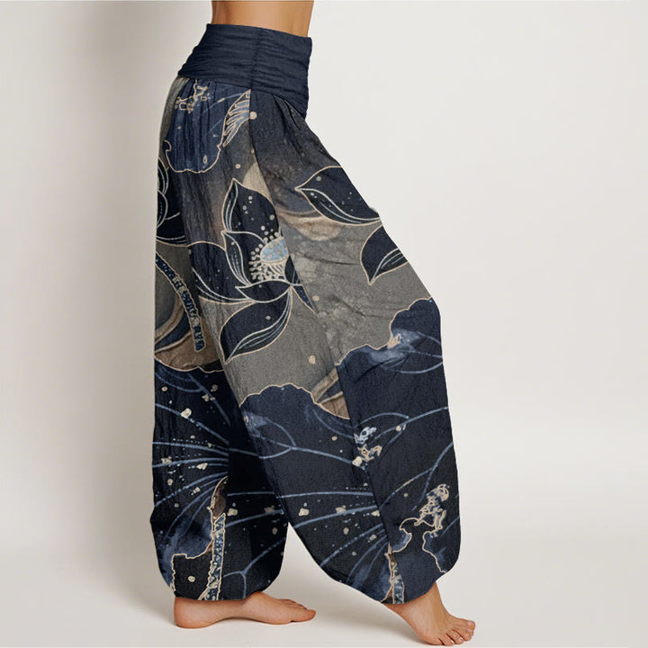 Pantalon Buddha Stones décontracté en pur coton avec motif pétales de lotus et taille élastique pour femme