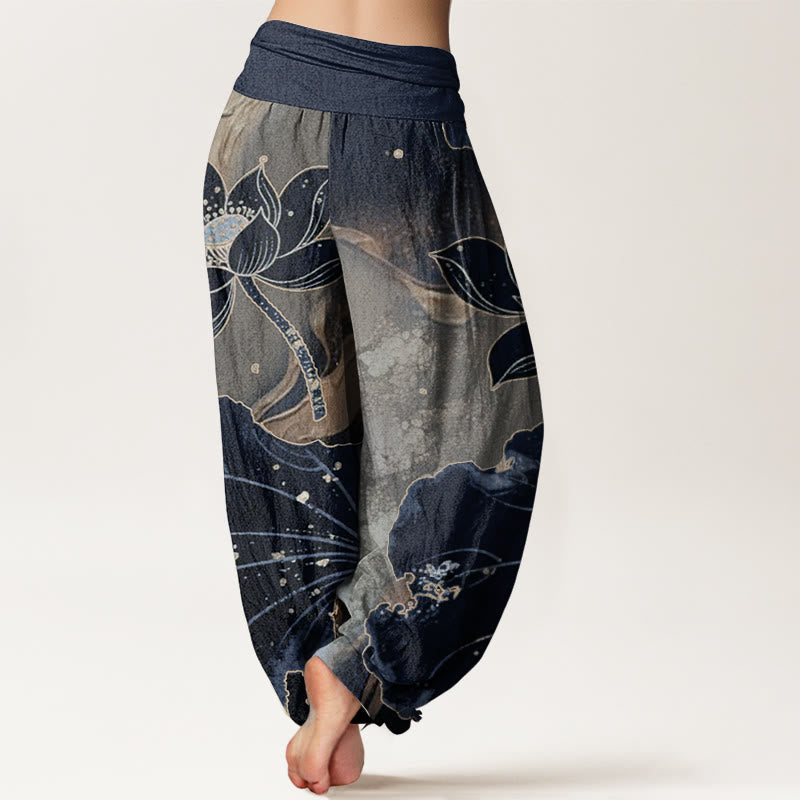 Pantalon Buddha Stones décontracté en pur coton avec motif pétales de lotus et taille élastique pour femme