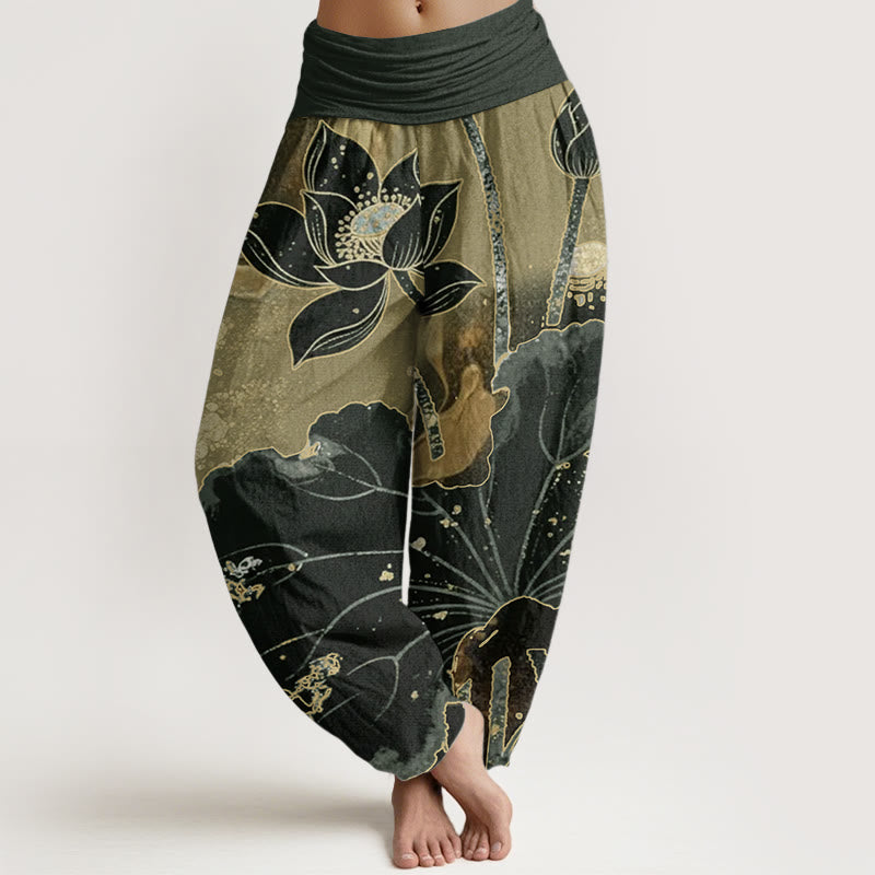 Pantalon Buddha Stones décontracté en pur coton avec motif pétales de lotus et taille élastique pour femme