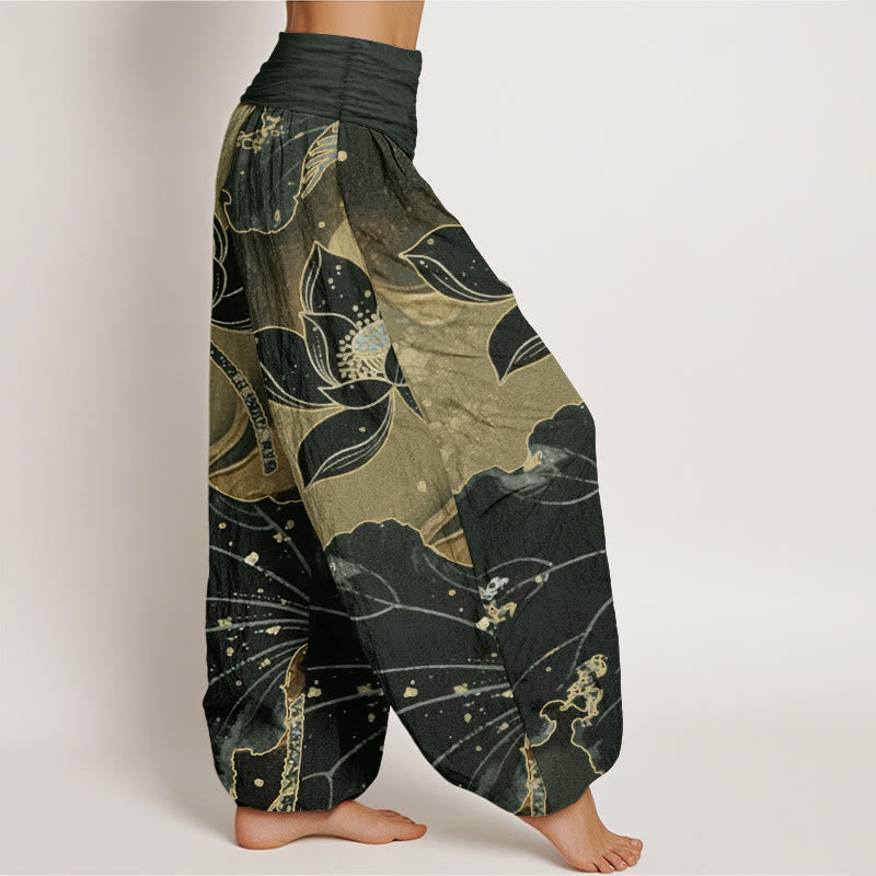 Pantalon Buddha Stones décontracté en pur coton avec motif pétales de lotus et taille élastique pour femme - image 8