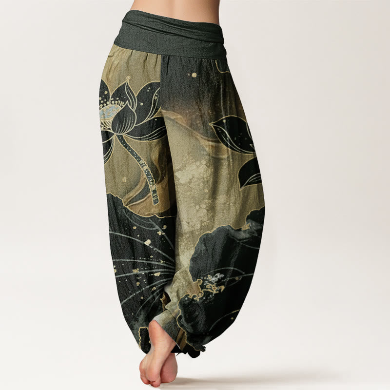 Pantalon Buddha Stones décontracté en pur coton avec motif pétales de lotus et taille élastique pour femme