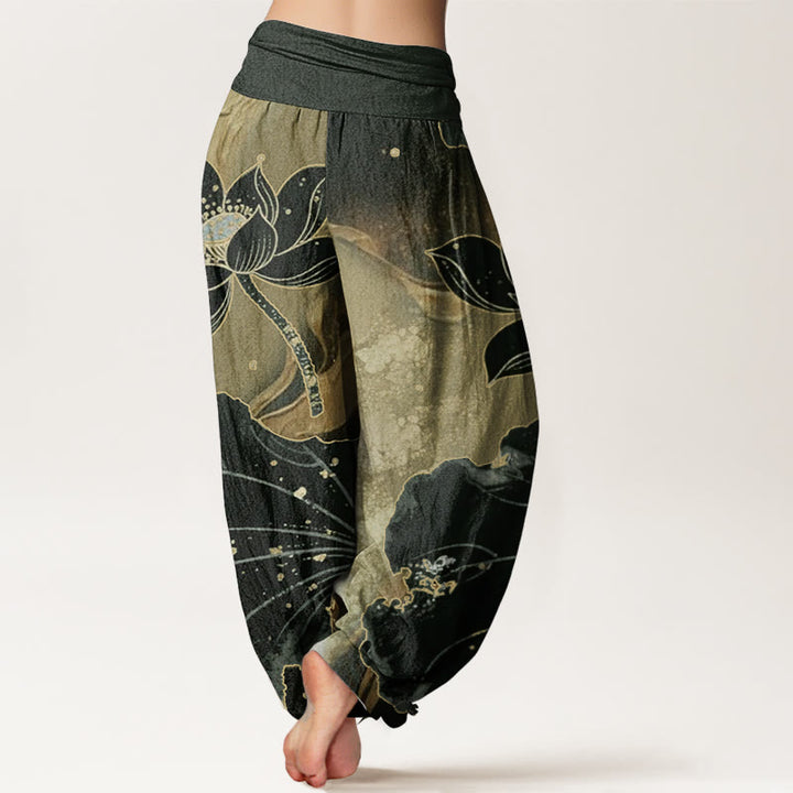 Pantalon Buddha Stones décontracté en pur coton avec motif pétales de lotus et taille élastique pour femme