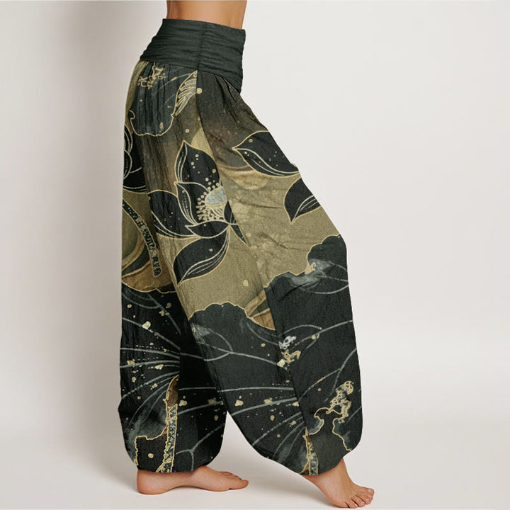 Pantalon Buddha Stones décontracté en pur coton avec motif pétales de lotus et taille élastique pour femme