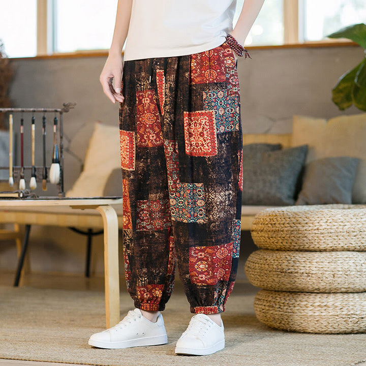 Pantalon sarouel d'été en coton et lin pour homme, longueur cheville, avec poches, motif Buddha Stones - RosyBrown - US/UK/AU46，EU56 (5XL) - image 0