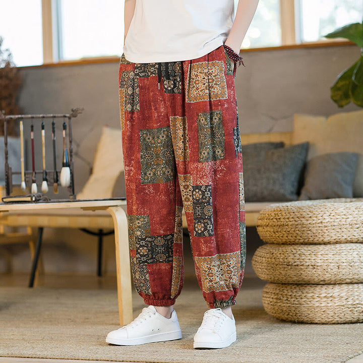 Pantalon harem homme mi-long à poches, motif patchwork carré d'été Buddha Stones - Rouge - US/UK/AU46，EU56 (5XL) - image 9