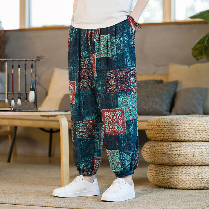 Pantalon harem homme mi-long à poches, motif patchwork carré d'été Buddha Stones - SteelBlue - US/UK/AU46，EU56 (5XL) - image 31