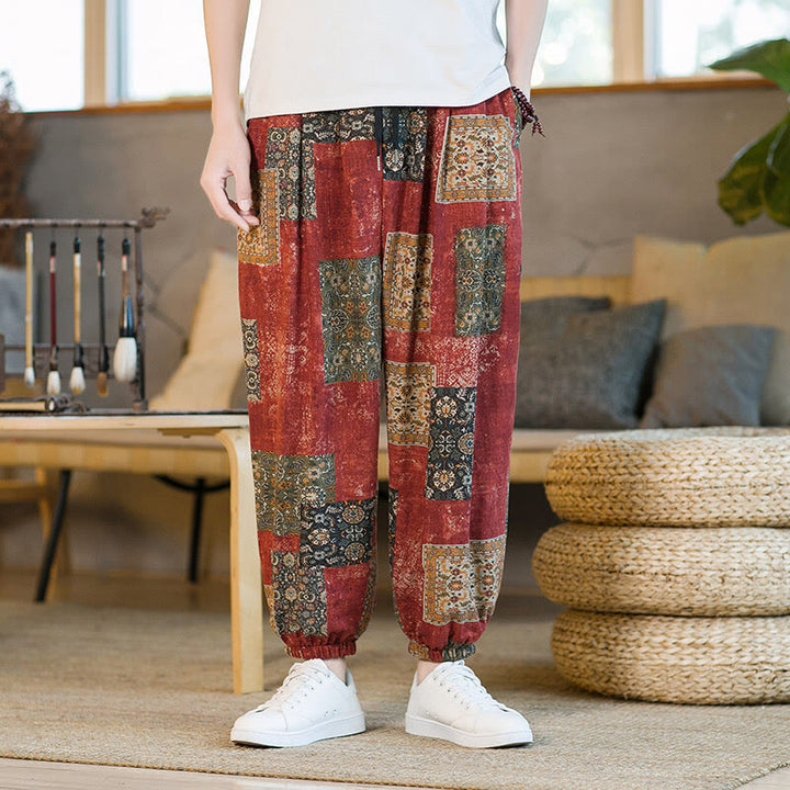 Pantalon harem homme mi-long à poches, motif patchwork carré d'été Buddha Stones - image 10