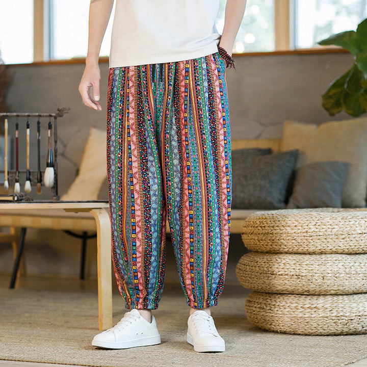 Pantalon sarouel homme en coton et lin à rayures colorées, longueur cheville, avec poches, motif Buddha Stones - Bleu clair - US/UK/AU46，EU56 (5XL) - image 19